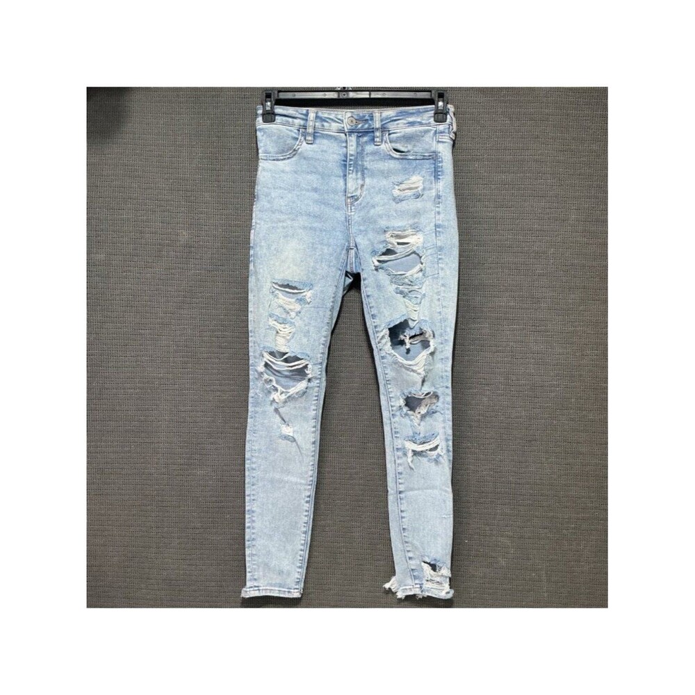 American Eagle Women's Super High Rise Distressed Jeggings Size 4 Blue Denim